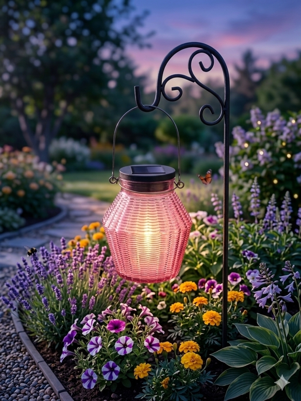 NWT Moonrays Pink Solar Glass Jar Lantern 26753